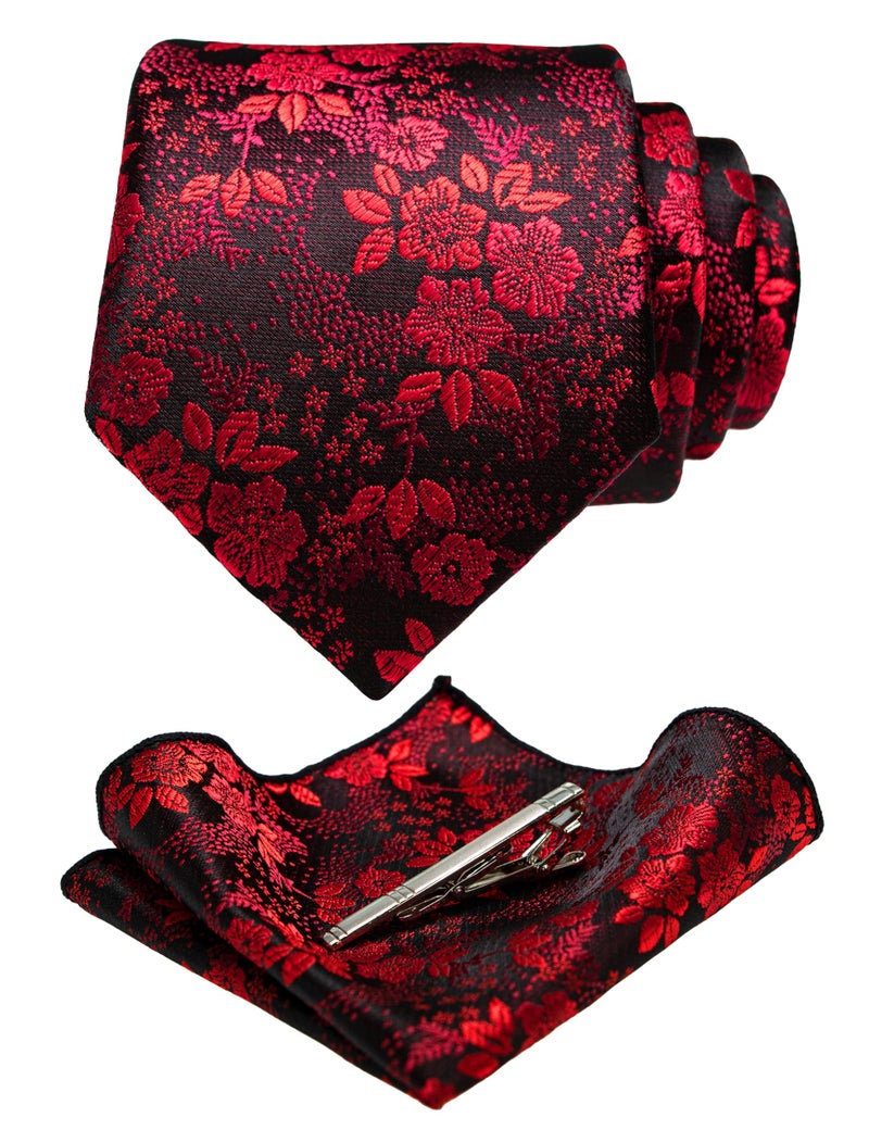 JEMYGINS Silk Red Floral Necktie and Pocket Square, Hankerchief and Tie Bar Clip Sets for Men (1) - Image 2